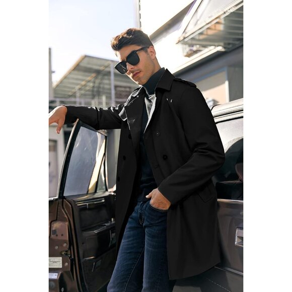 Mens Black Trench Coat Notched Lapel Double Breasted  Windbreaker Overcoat - Picture 2 of 5